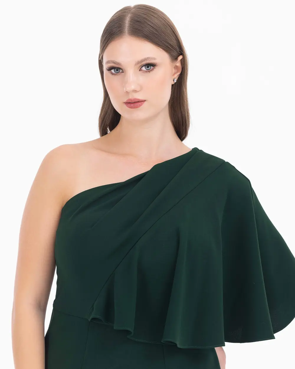 Asymmetrical Cut Cape Sleeve One Shoulder Evening Dress