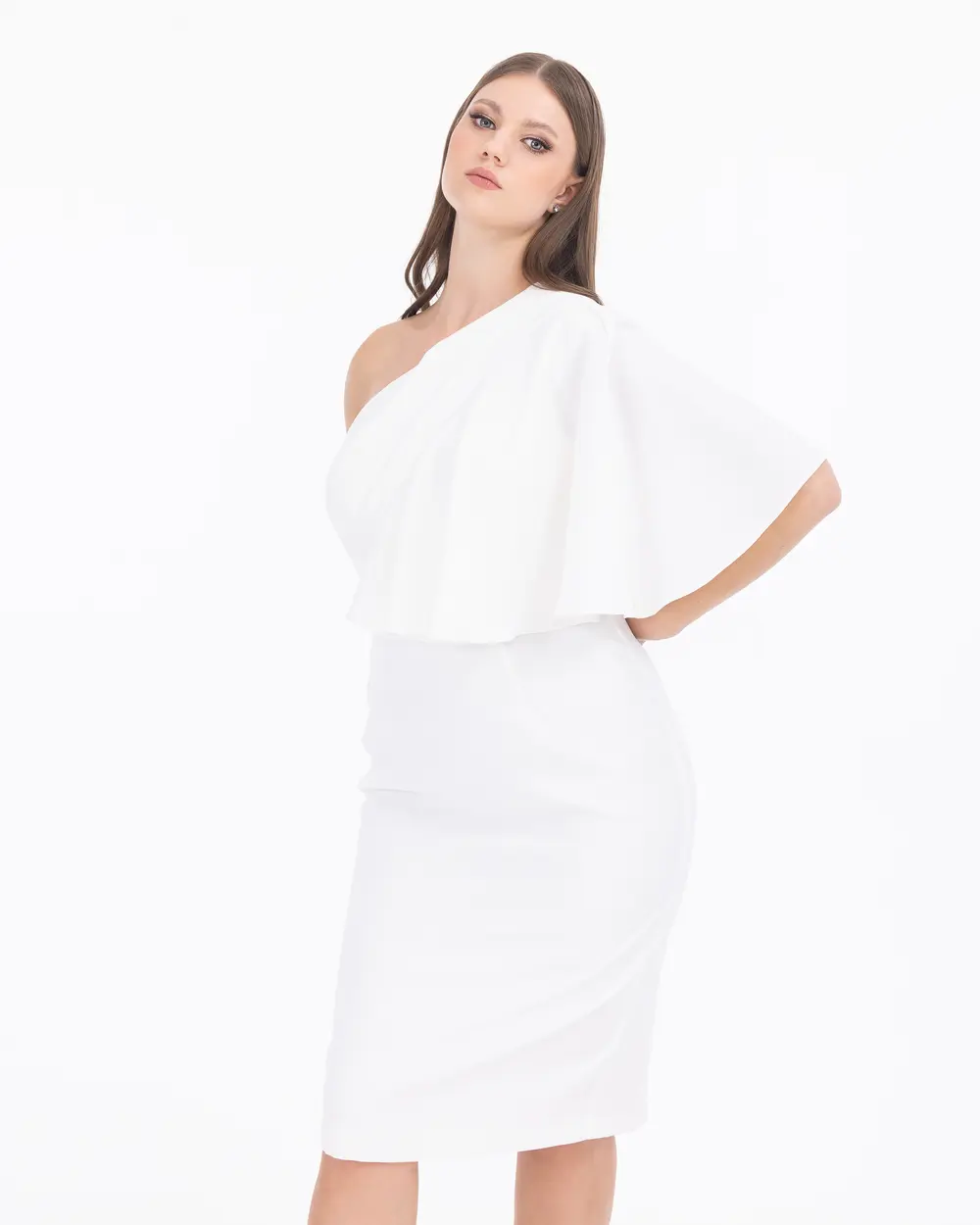 Asymmetrical Cut Cape Sleeve One Shoulder Evening Dress