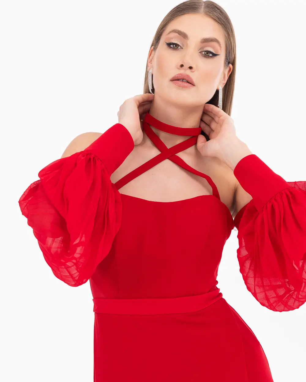Strapless Collar Lace Detailed Chiffon Evening Dress