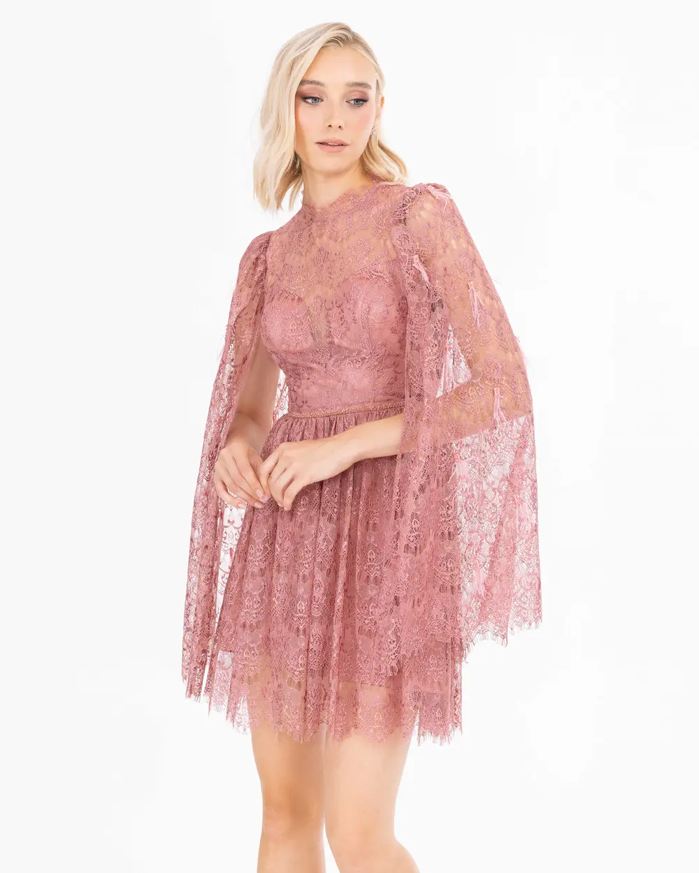 A Form Mini Length Lace Evening Dress