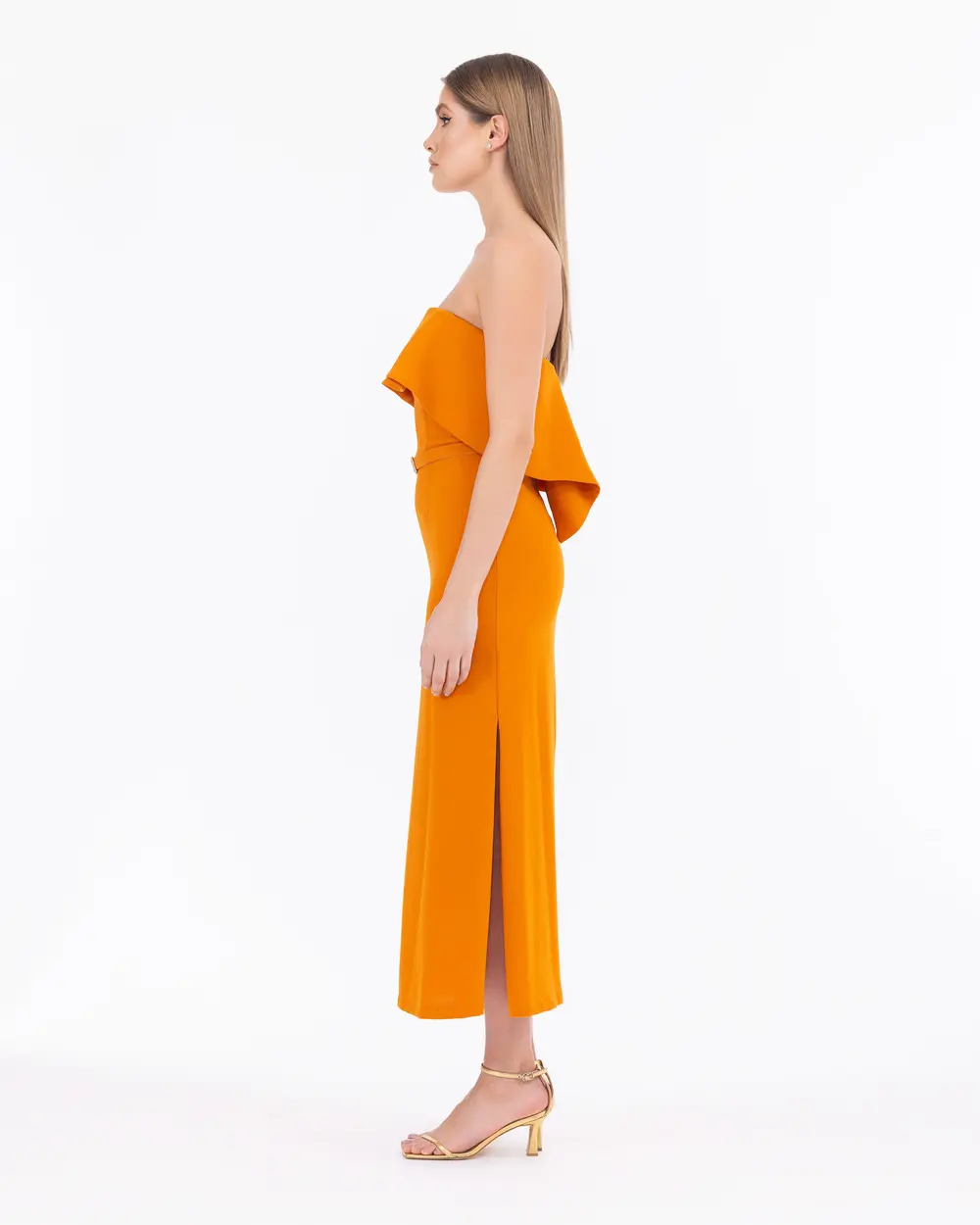 Strapless Neck Flounce Midi Length Evening Dress - Ilmio