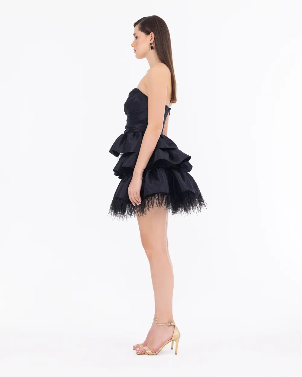 Feather Detailed Strapless Neck Taffeta Mini Length Evening Dress