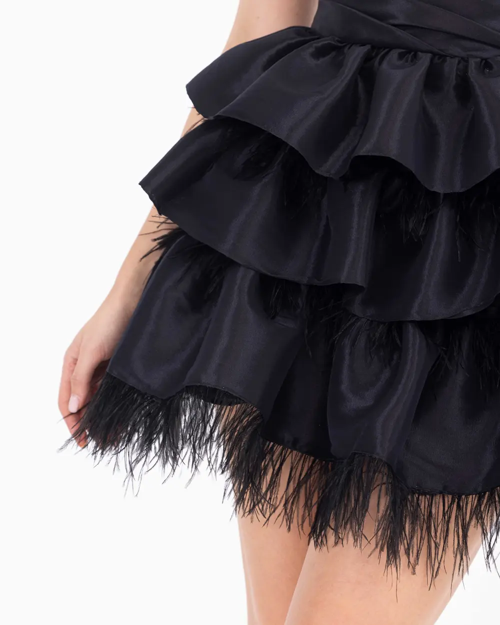 Feather Detailed Strapless Neck Taffeta Mini Length Evening Dress