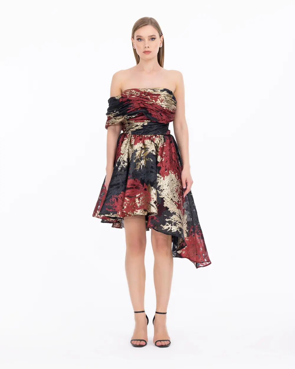 Draped Detailed Asymmetric Cut Mini Length Evening Dress