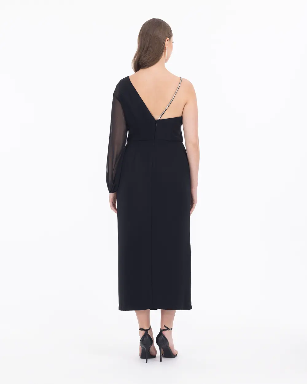 Slit Detailed One Shoulder Midi Length Evening Dress