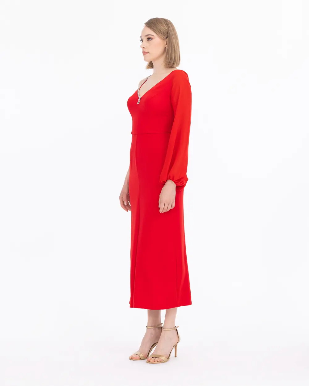 Slit Detailed One Shoulder Midi Length Evening Dress