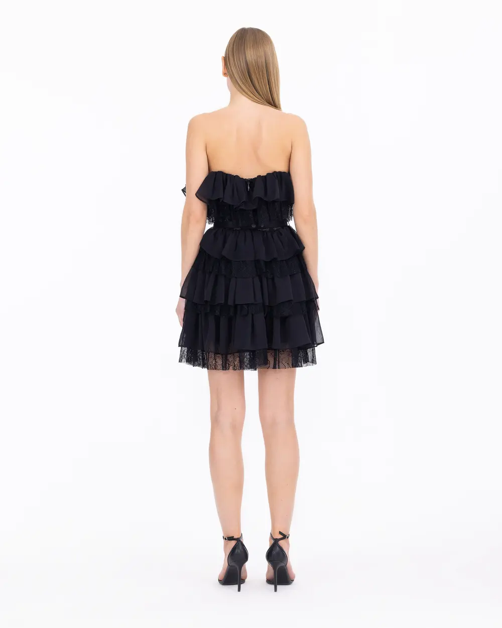 Transparent Detailed Strapless Mini Length Evening Dress