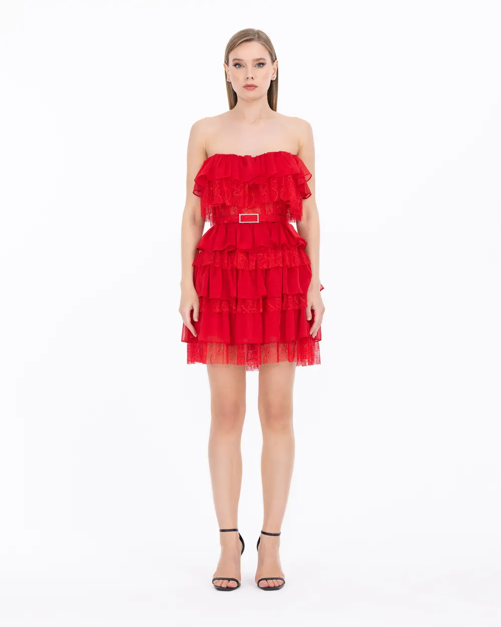 Transparent Detailed Strapless Mini Length Evening Dress