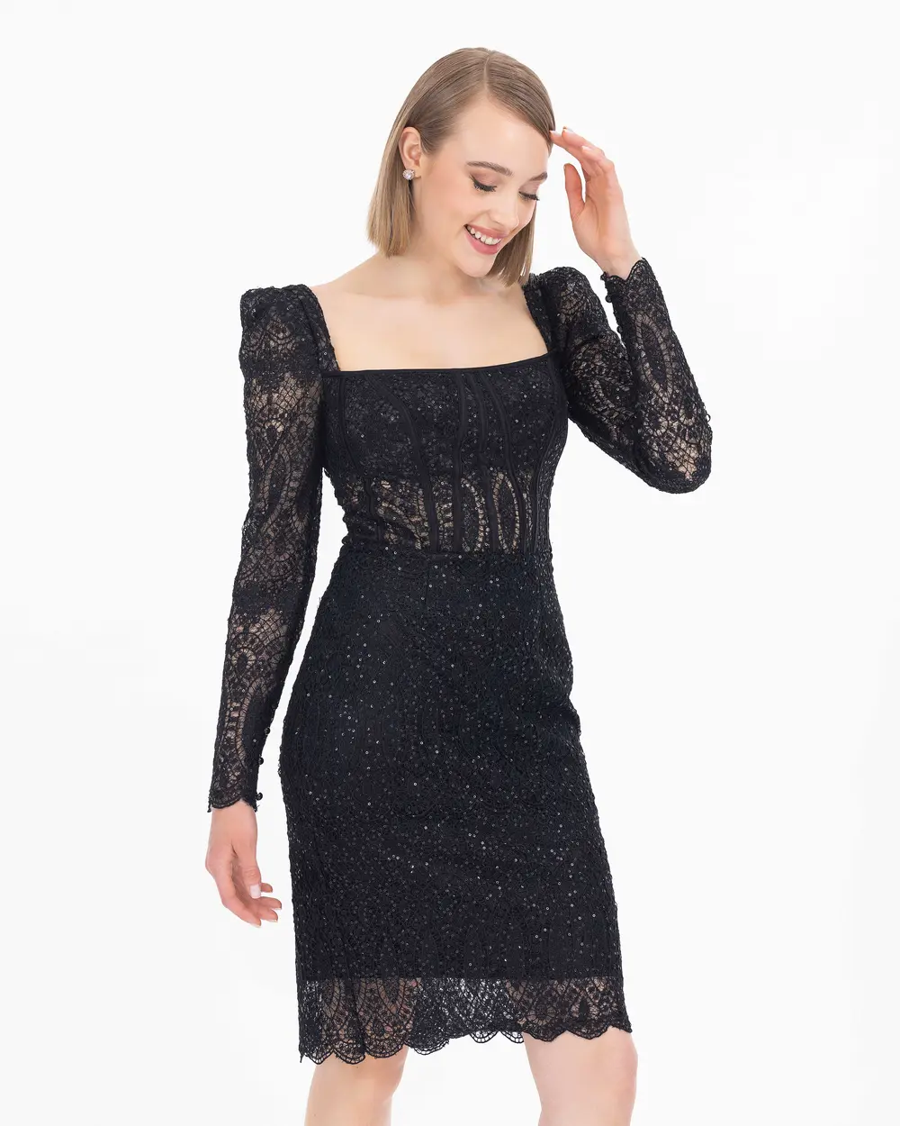 Transparent Detailed Square Neck Lace Evening Dress