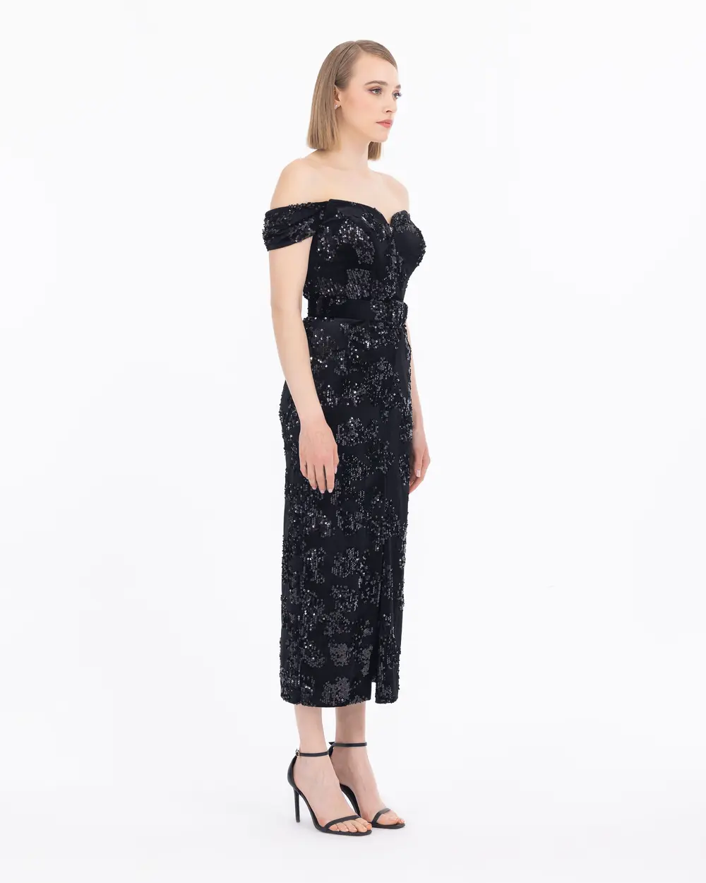 Belt Detailed Midi Length Sequined Velvet Fabric Evening Dress