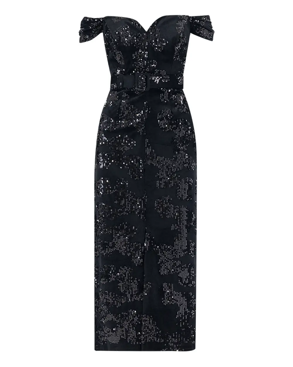 Belt Detailed Midi Length Sequined Velvet Fabric Evening Dress