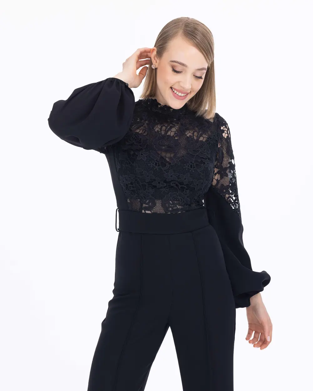Lace Detailed Long Sleeve Crepe Evening Dress Jumpsuit