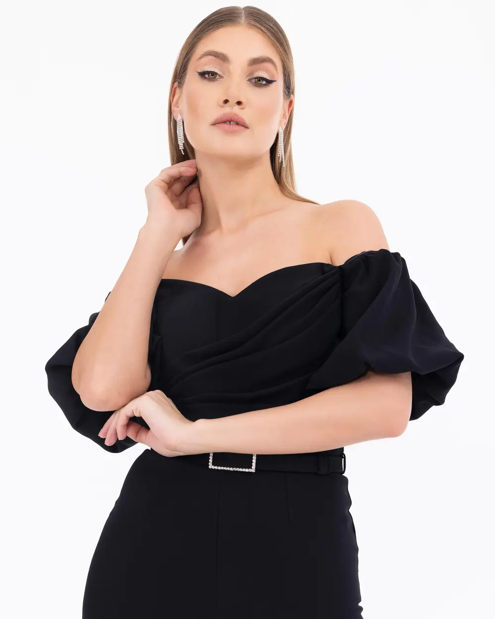 Open Shoulder Balloon Sleeve Maxi Length Evening Dress Jumpsuit