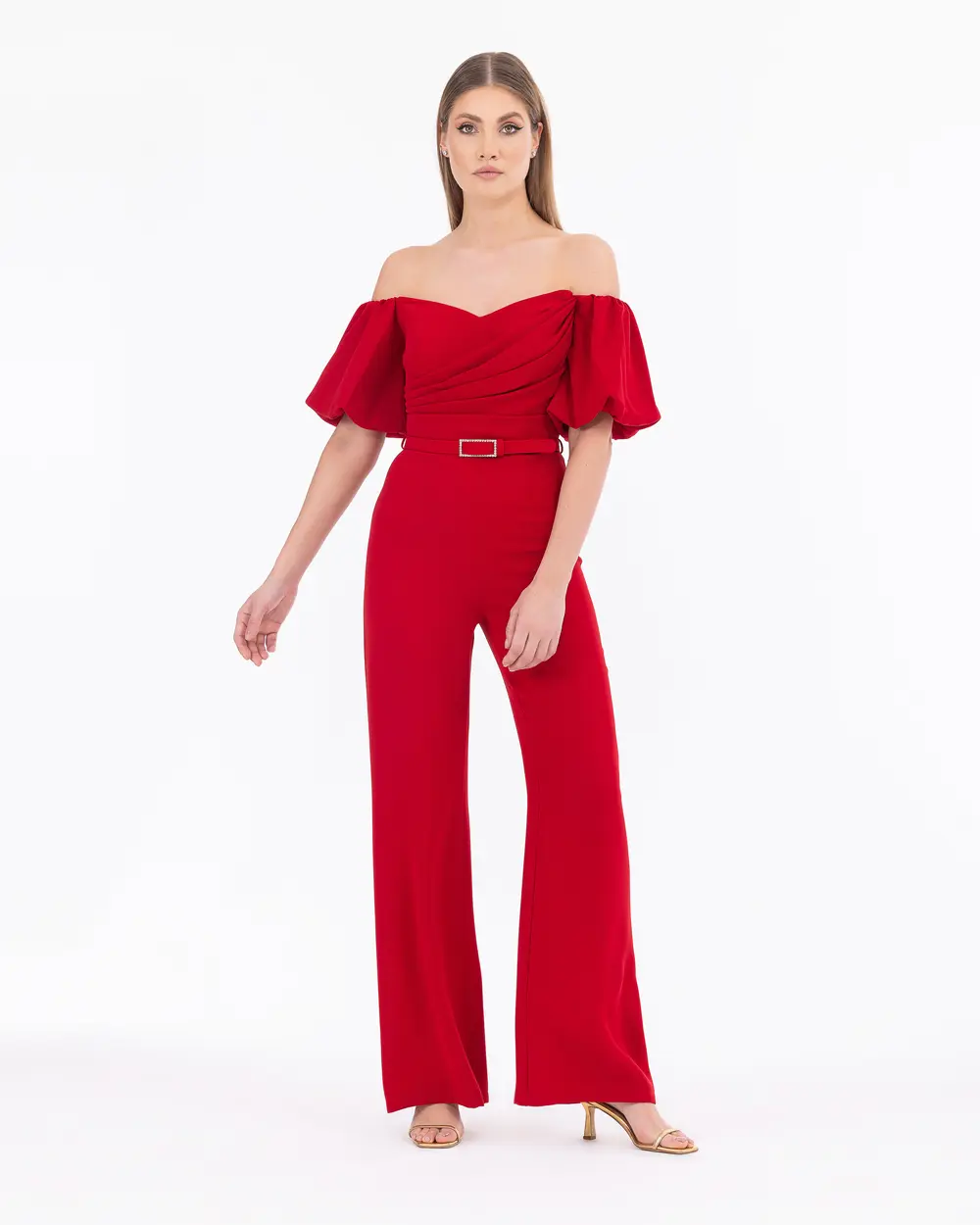 Open Shoulder Balloon Sleeve Maxi Length Evening Dress Jumpsuit