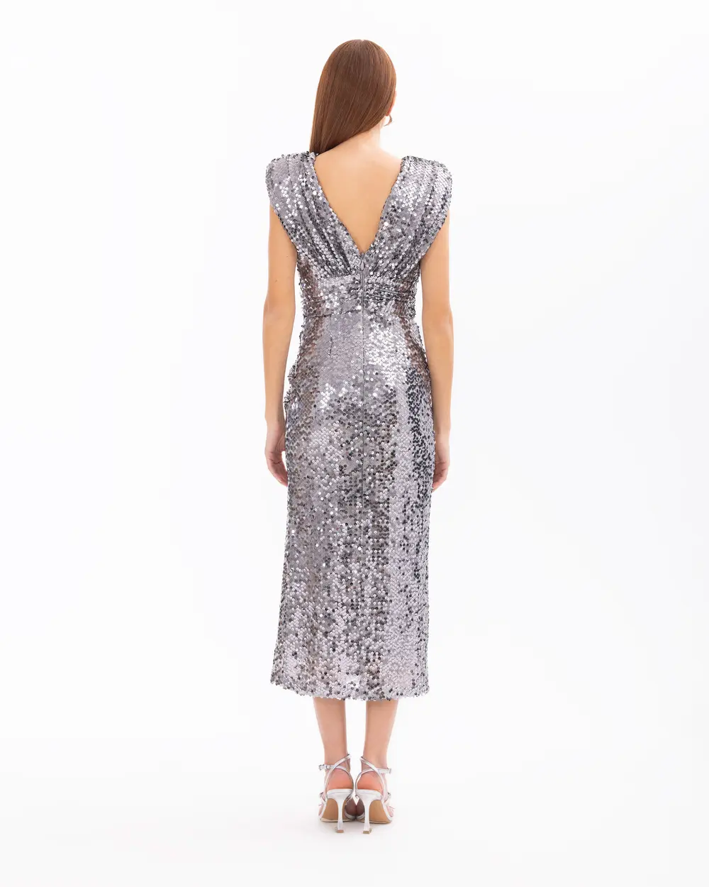 Double-breasted Collar Midi Length Sequined Evening Dress
