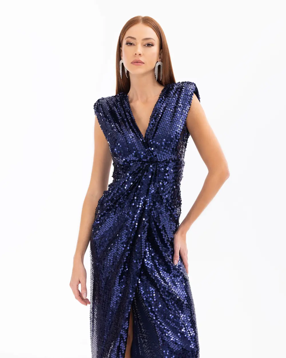 Double-breasted Collar Midi Length Sequined Evening Dress