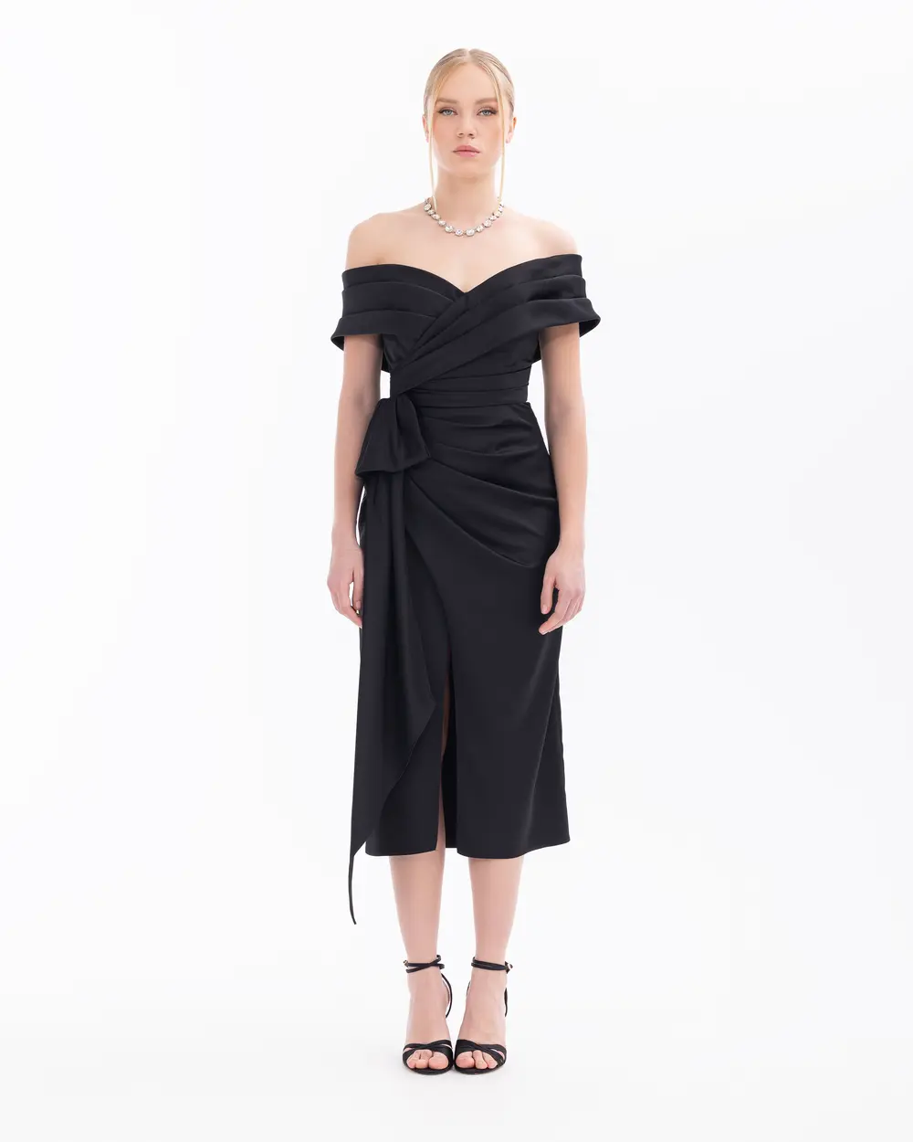 Off Shoulder Midi Length Draped Satin Evening Dress