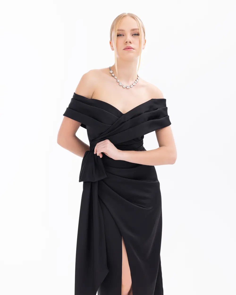 Off Shoulder Midi Length Draped Satin Evening Dress