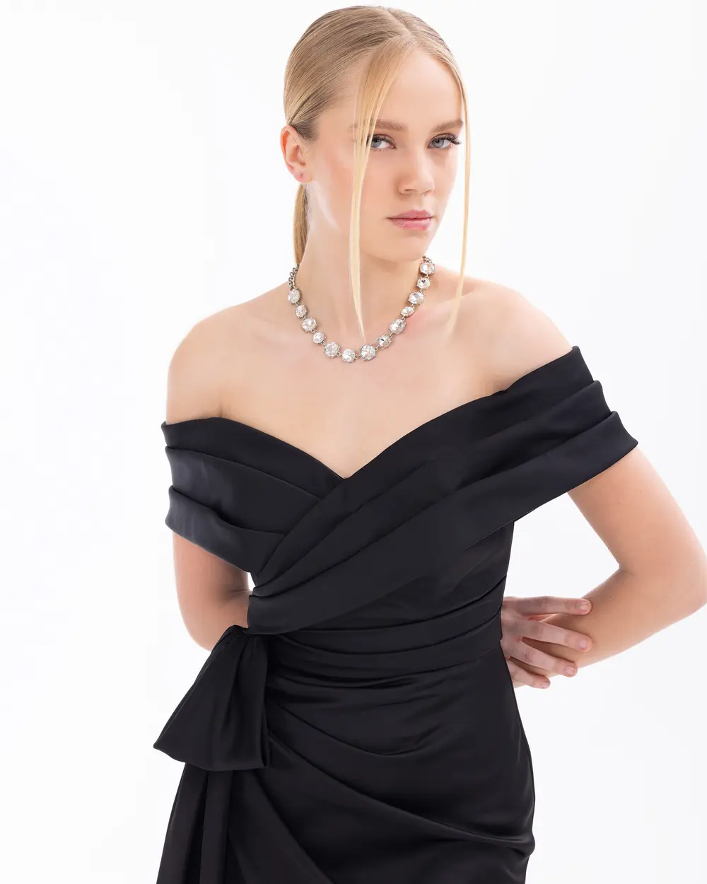 Off Shoulder Midi Length Draped Satin Evening Dress