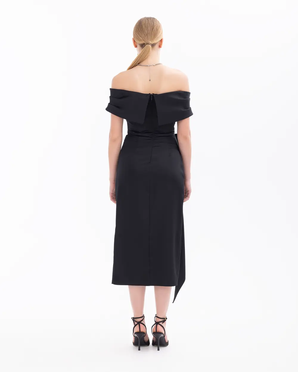 Off Shoulder Midi Length Draped Satin Evening Dress