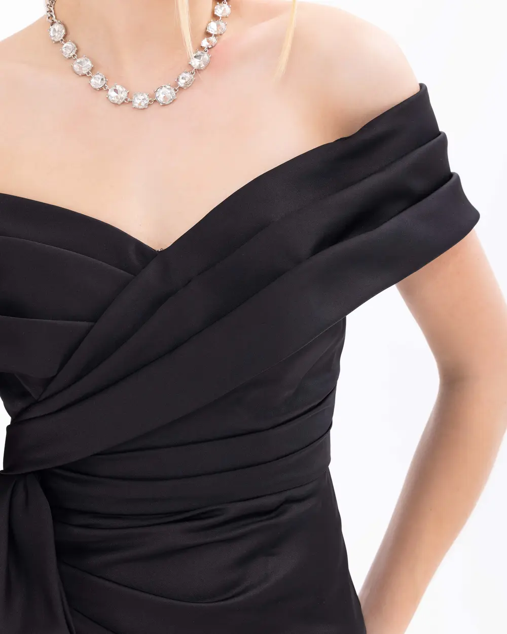 Off Shoulder Midi Length Draped Satin Evening Dress