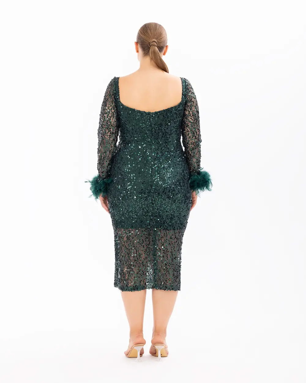 Feather Detailed Midi Length Sequin Evening Dress