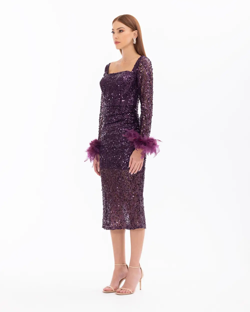 Feather Detailed Midi Length Sequin Evening Dress