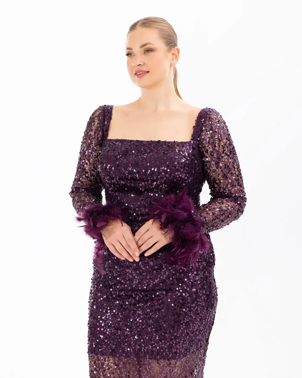 Feather Detailed Midi Length Sequin Evening Dress