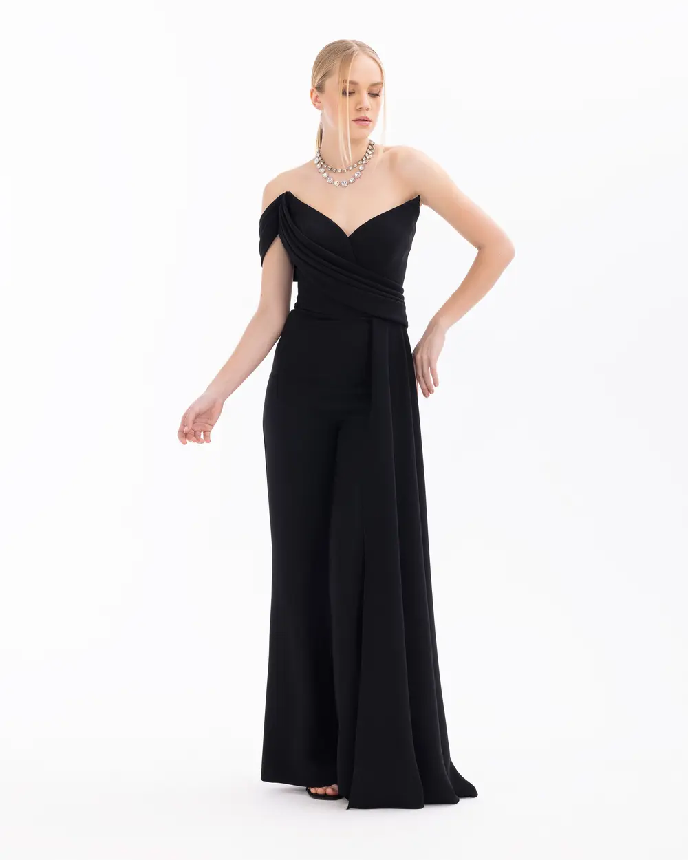 Crepe Fabric Strapless Evening Dress Jumpsuit