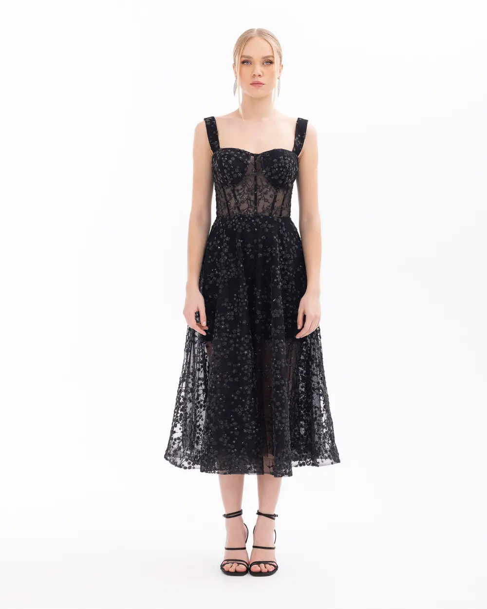 A-line Embroidered Midi Length Evening Dress