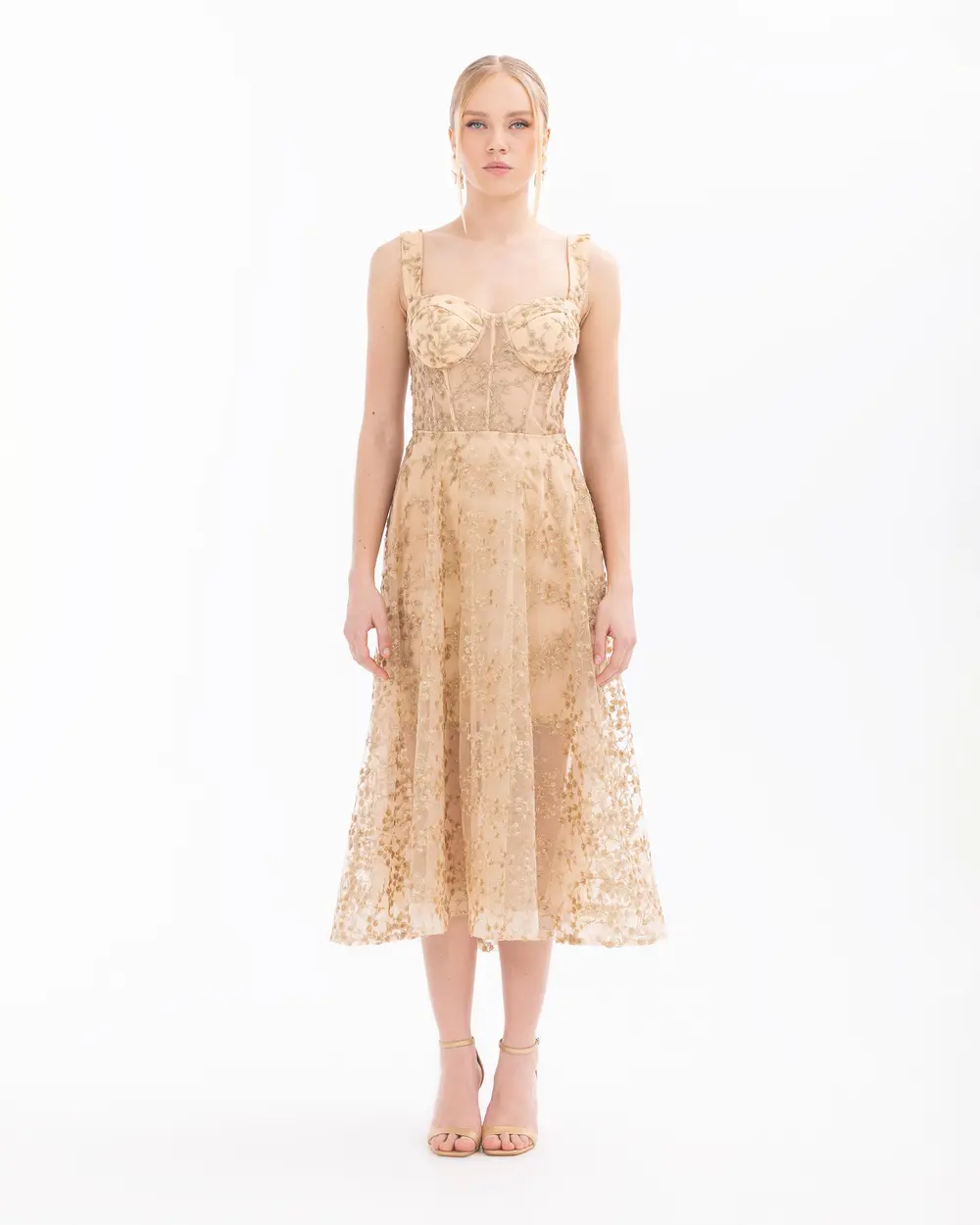 A-line Embroidered Midi Length Evening Dress