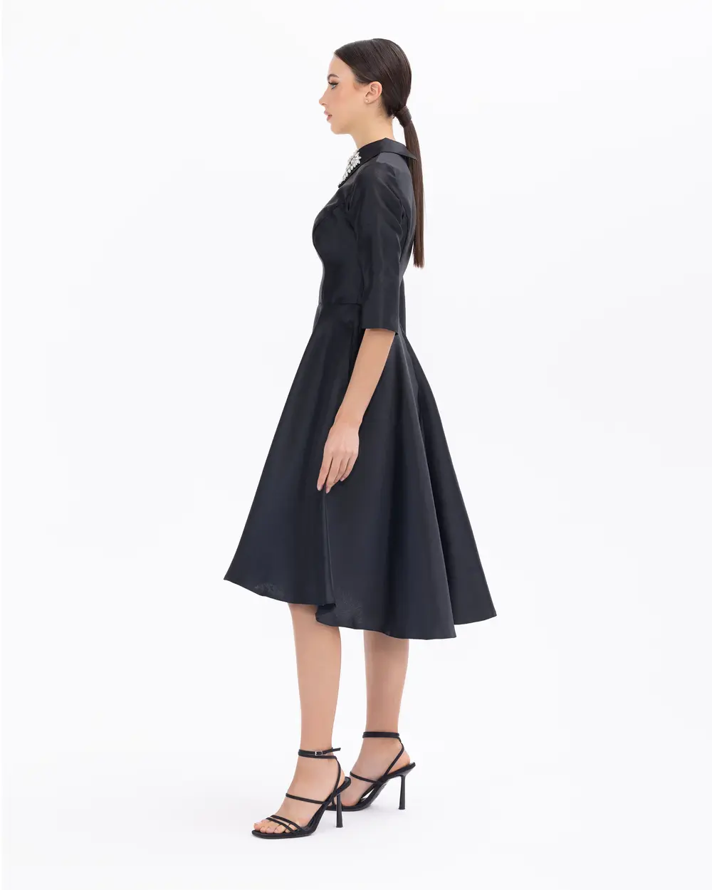 Stone Detailed A Form Evening Dress with Removable Collar
