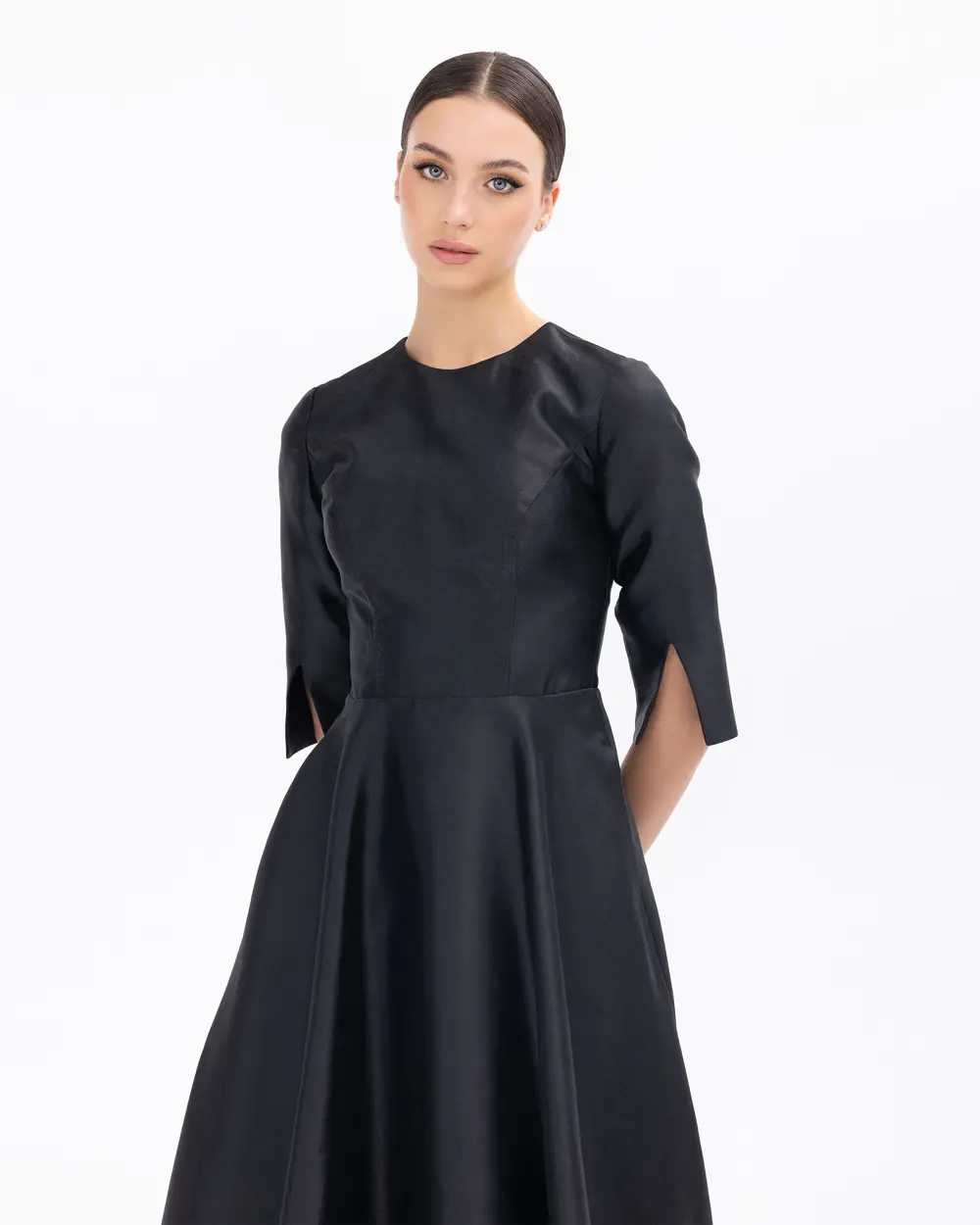 Stone Detailed A Form Evening Dress with Removable Collar