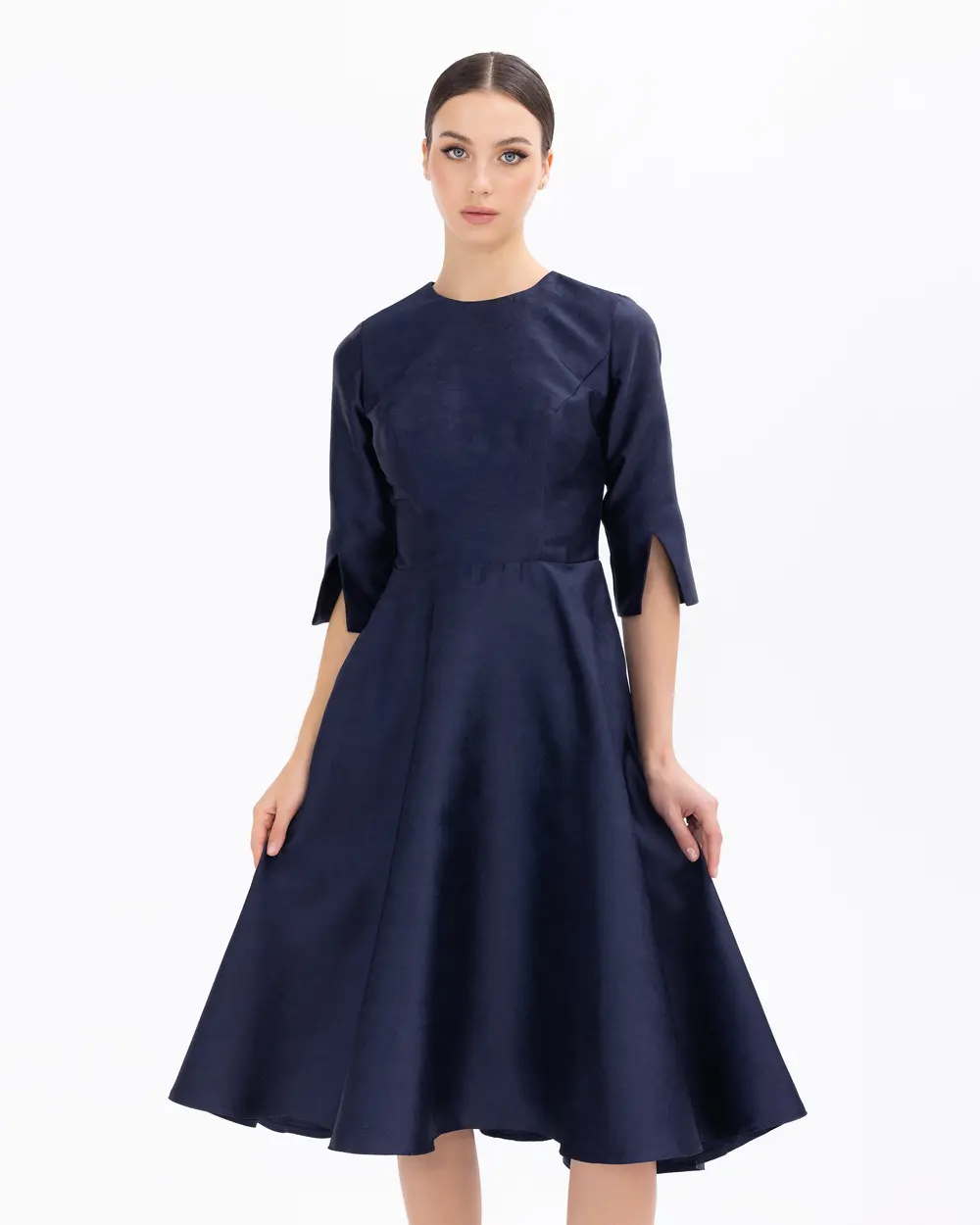 Stone Detailed A Form Evening Dress with Removable Collar