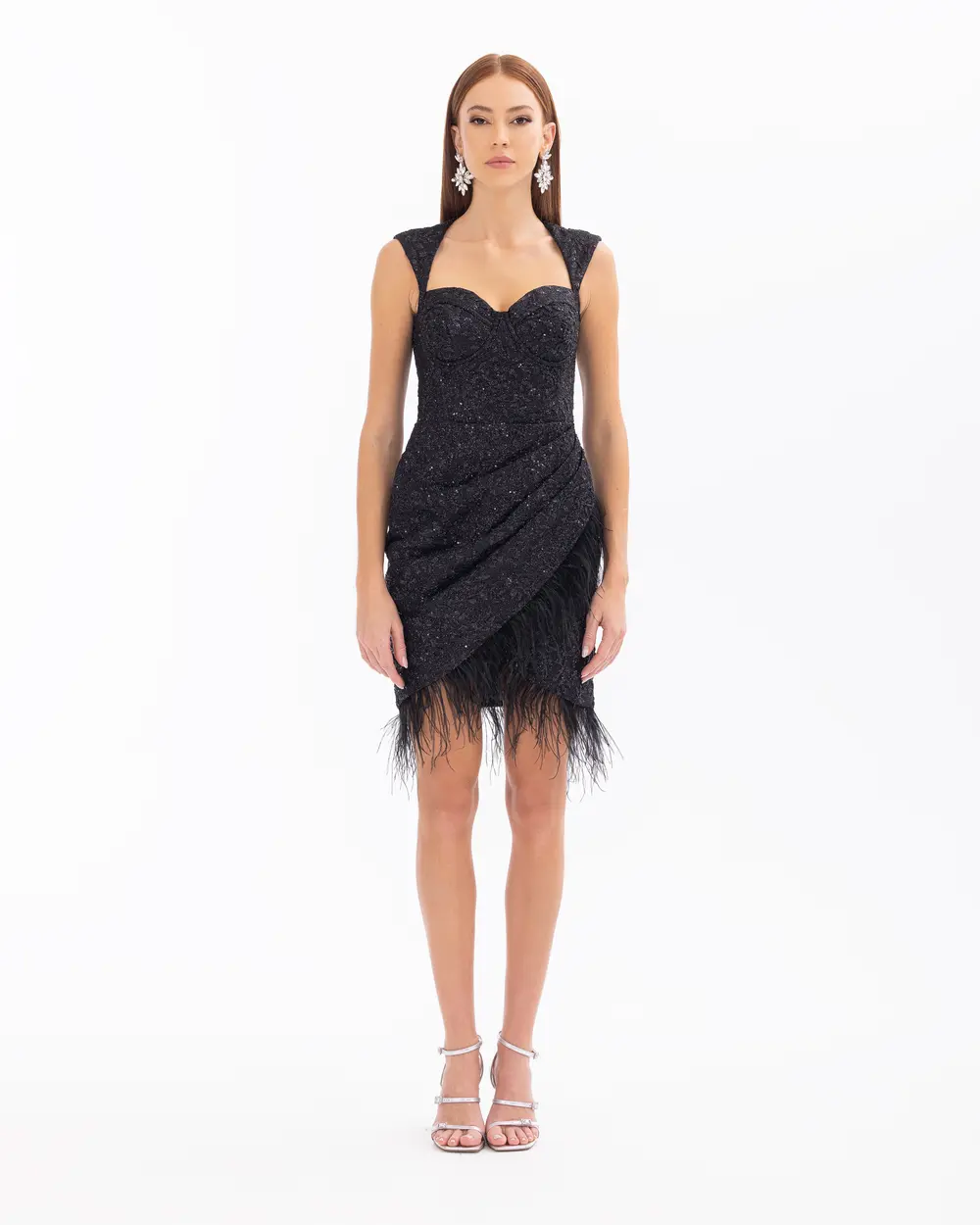 Feather Detailed Heart Collar Silvery Evening Dress