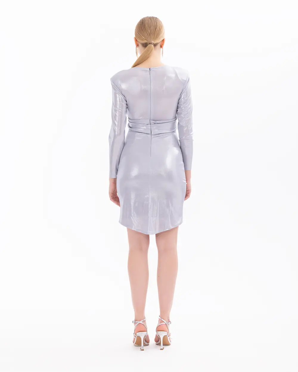 V Neck Silvery Mini Length Evening Dress