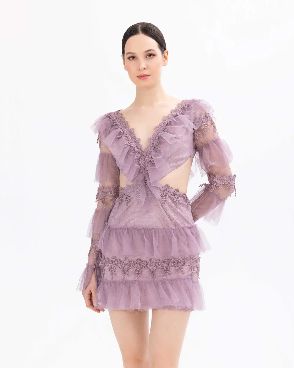 V-Neck Ruffled Mini Length Evening Dress