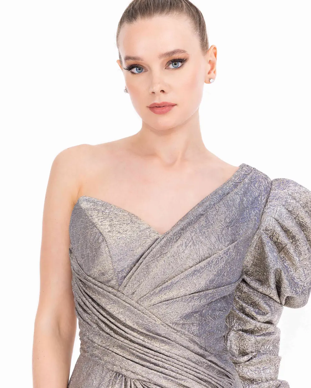 Asymmetric Collar Silvery Mini Evening Dress