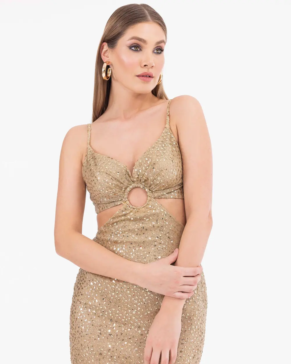 Window Detailed Mini Sequin Evening Dress