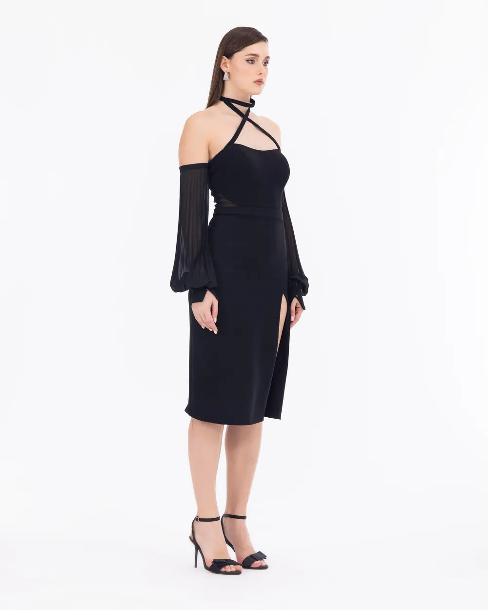 Strapless Crepe Fabric Evening Dress with Detachable Sleeves