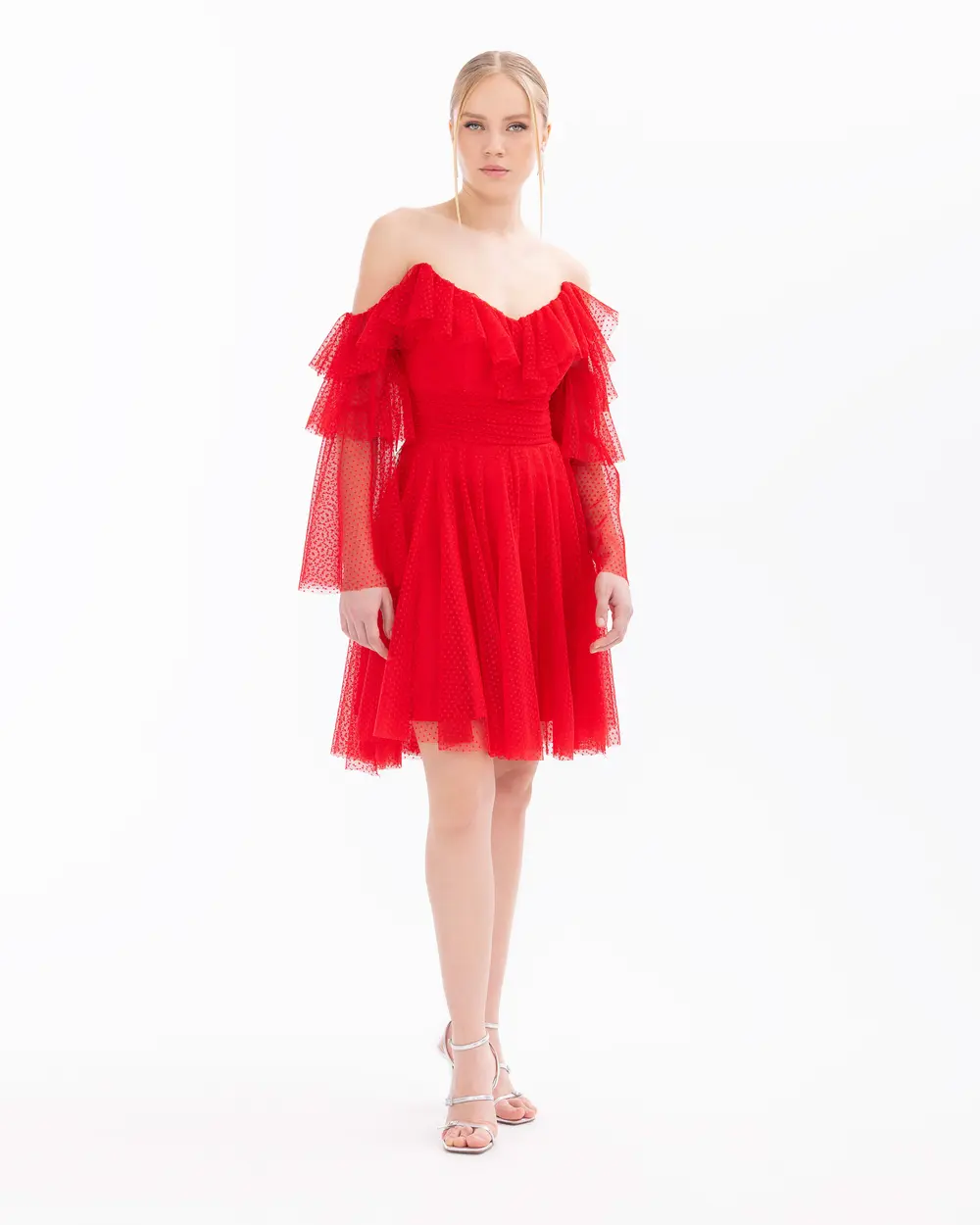 Swallow Neck Long Sleeve Draped Tulle Evening Dress