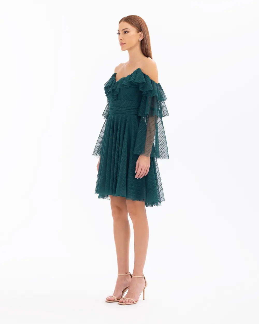 Swallow Neck Long Sleeve Draped Tulle Evening Dress