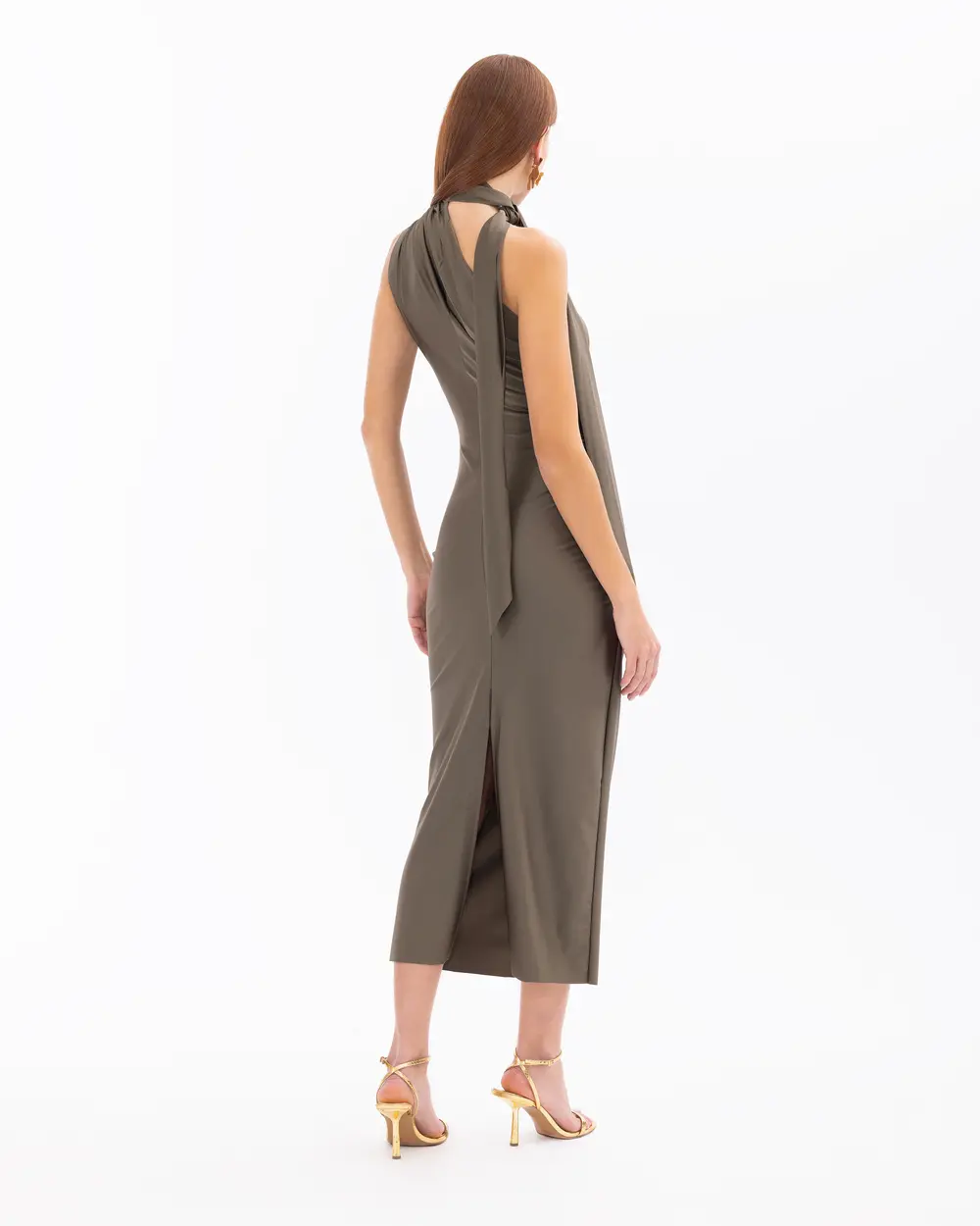 Draped Narrow Form Midi Length Evening Dress