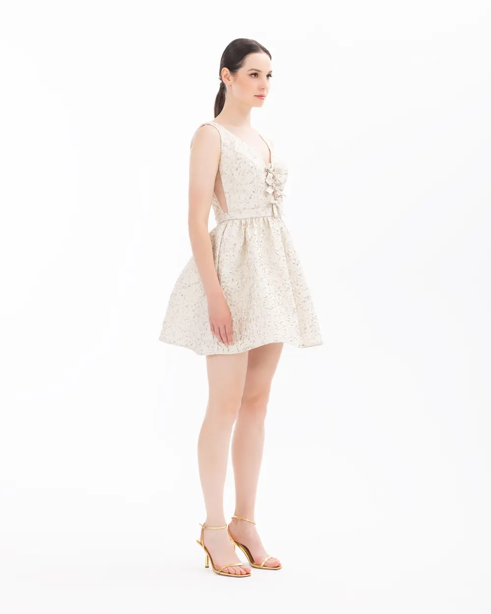 V Neck Jacquard Mini Length Evening Dress