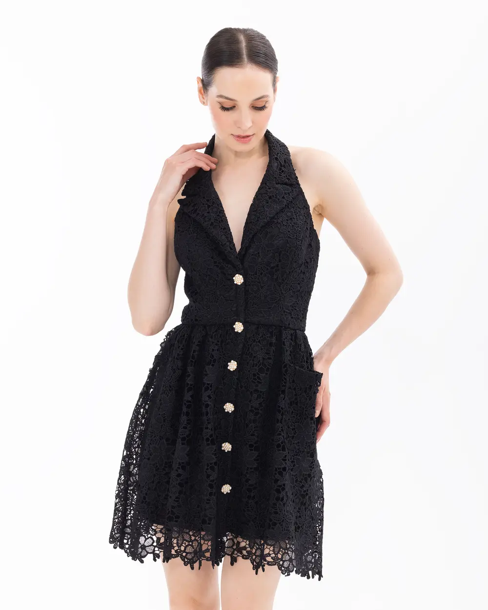 Pocket Detailed Buttoned Lace Evening Dress