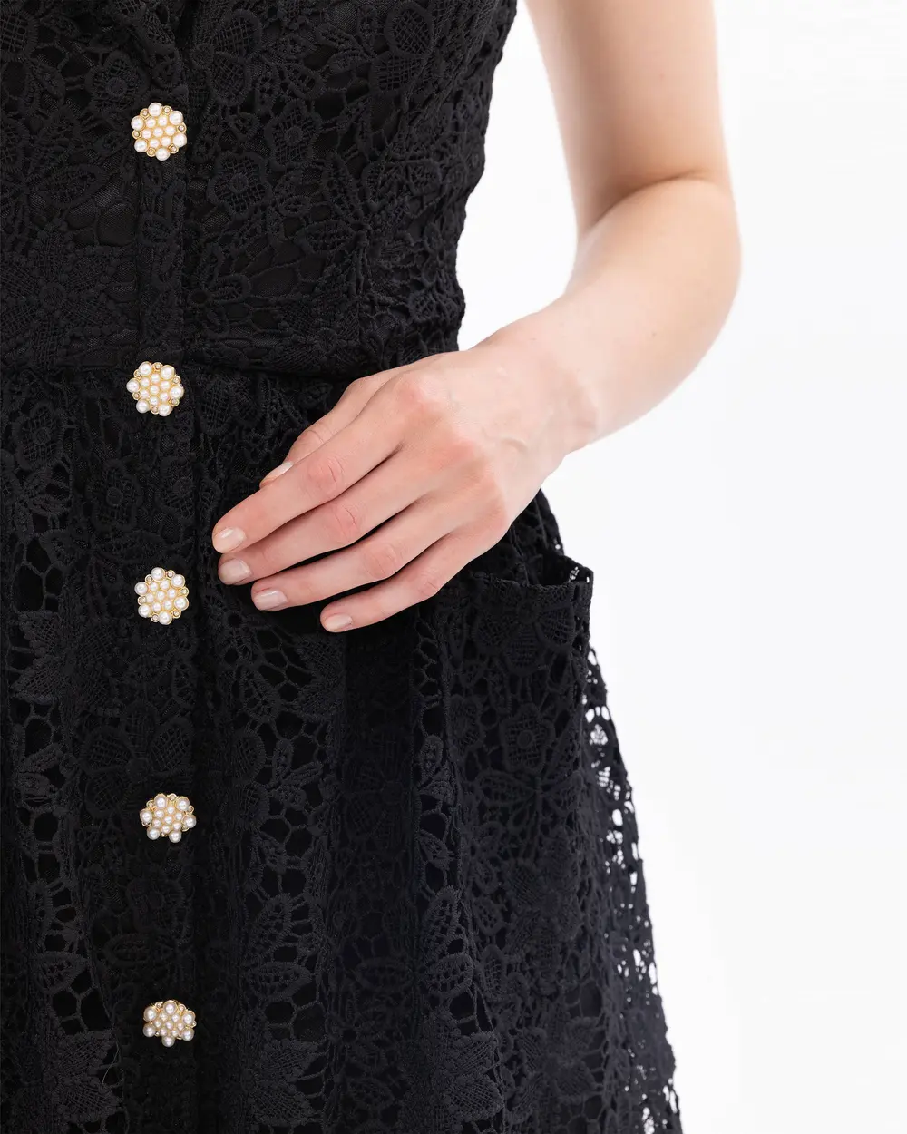 Pocket Detailed Buttoned Lace Evening Dress