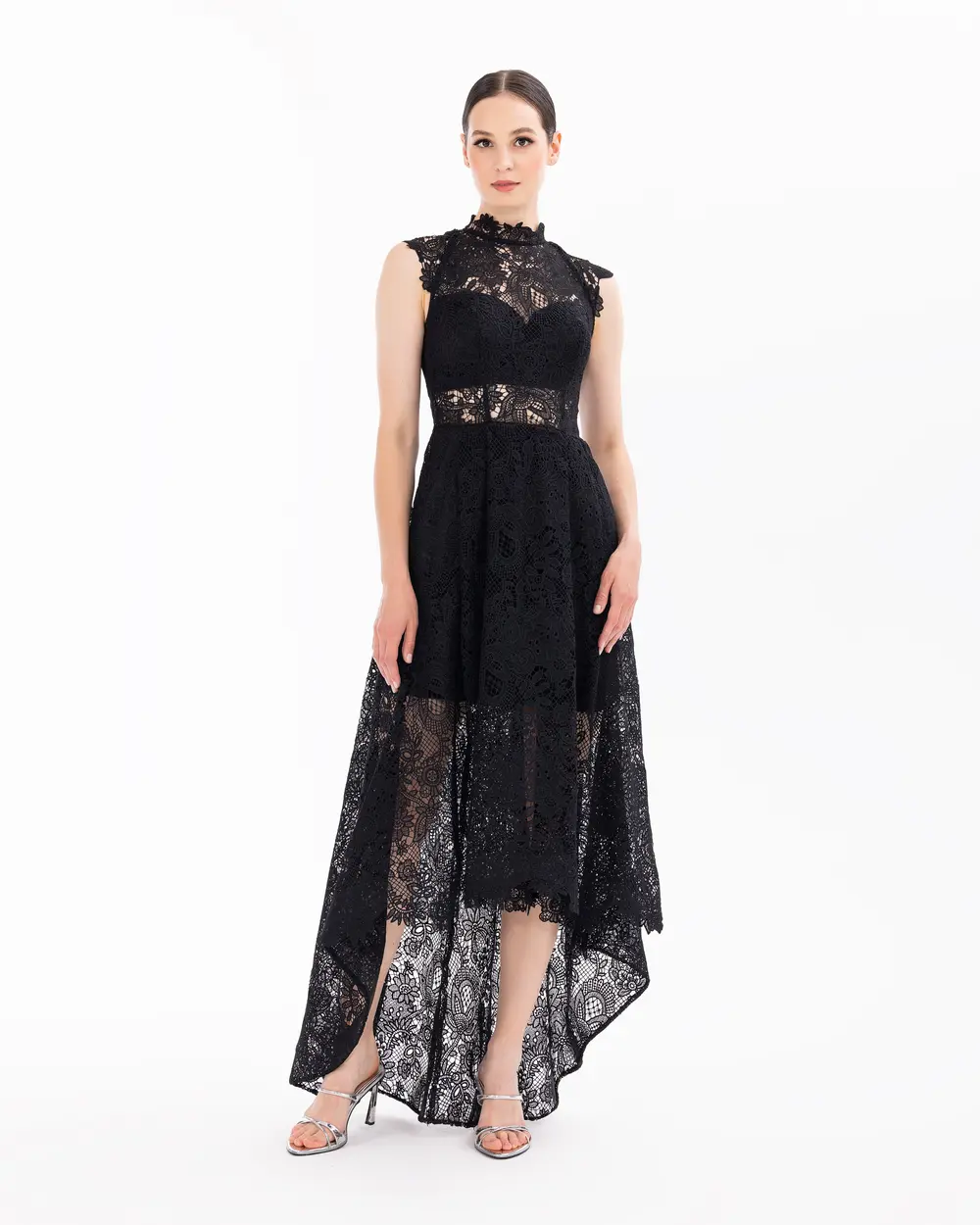 Judge Collar Lace Midi Length Evening Dress