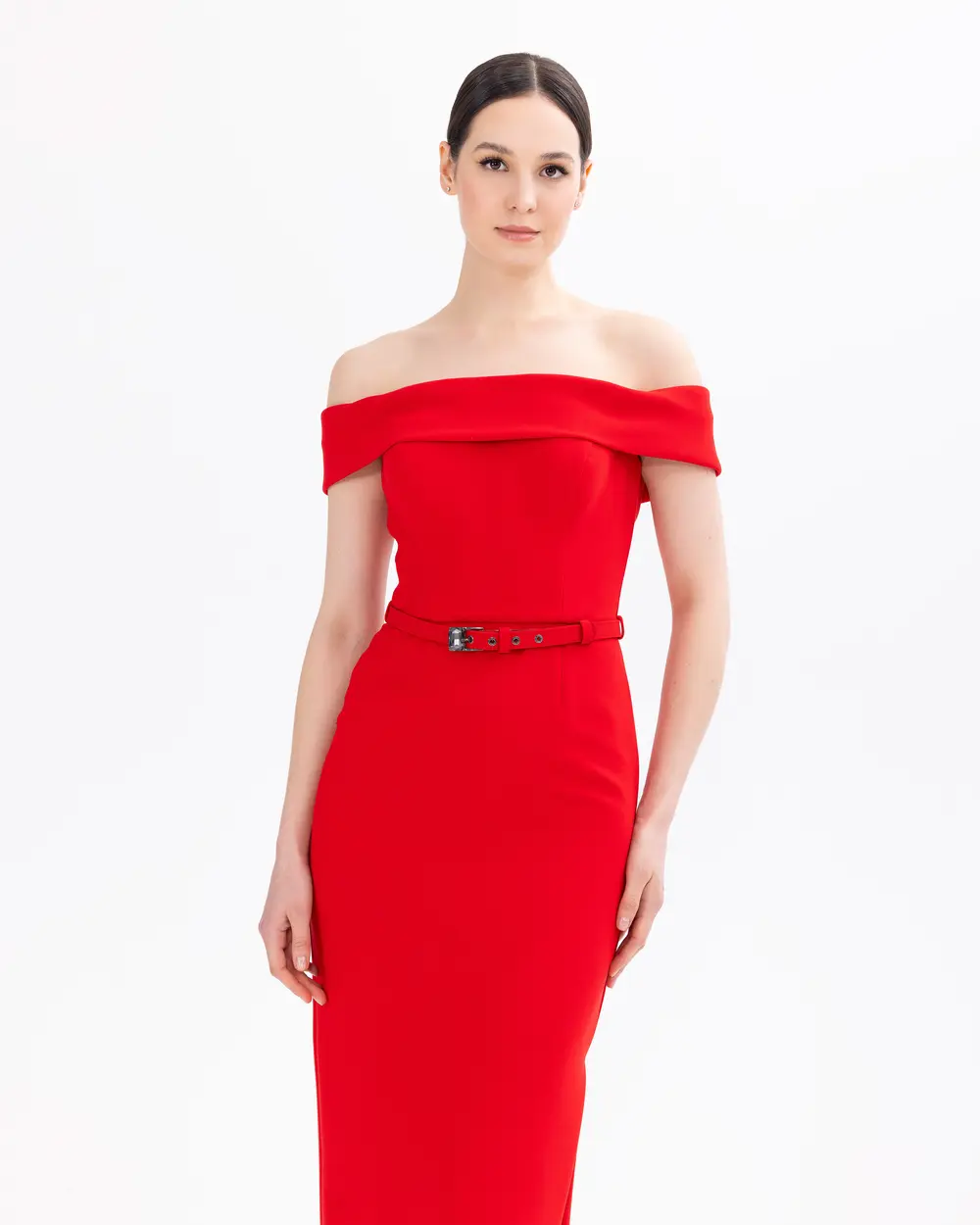 Belted Midi Length Narrow Form Evening Dresses