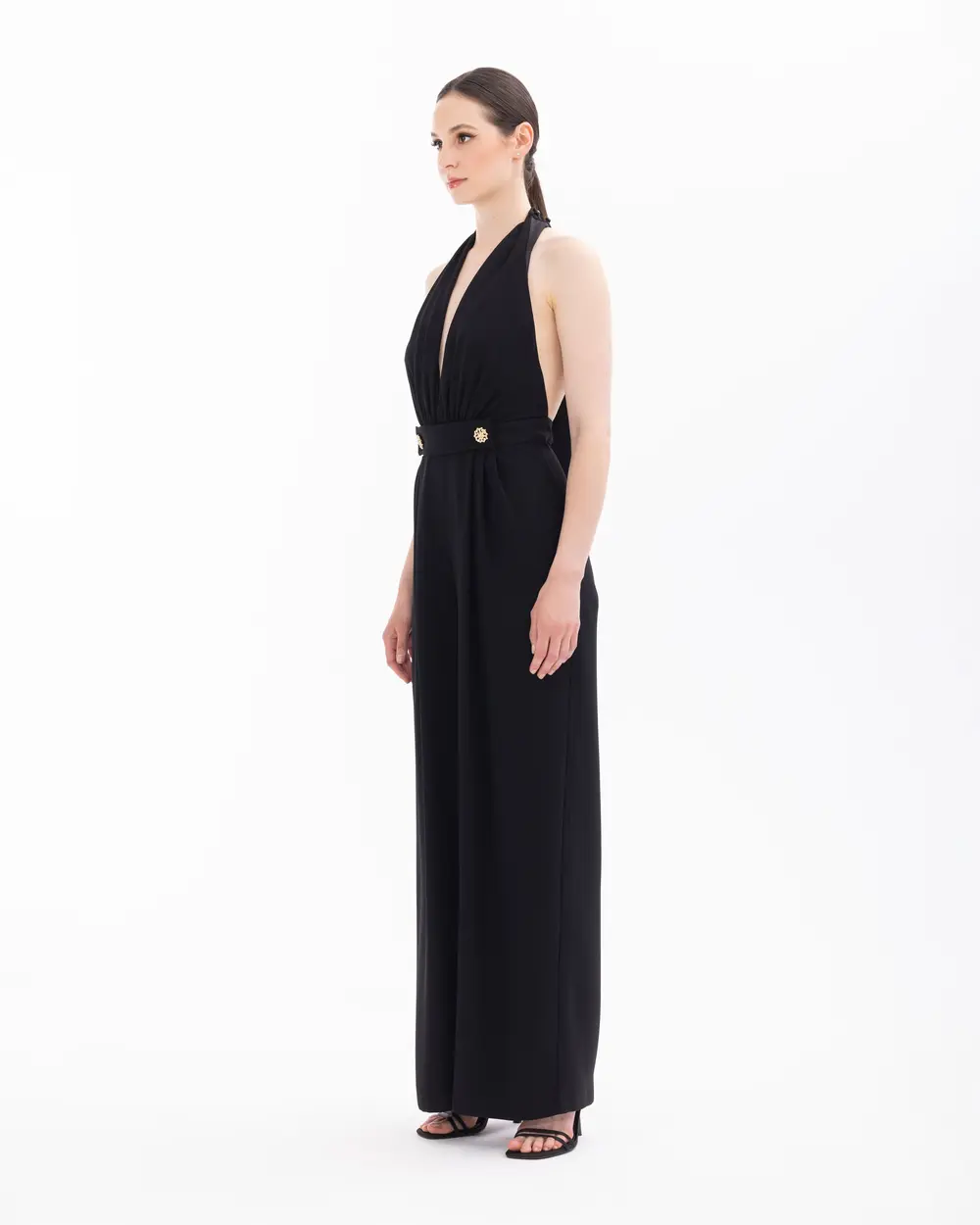 V-Neck Draped Evening Dress Jumpsuit