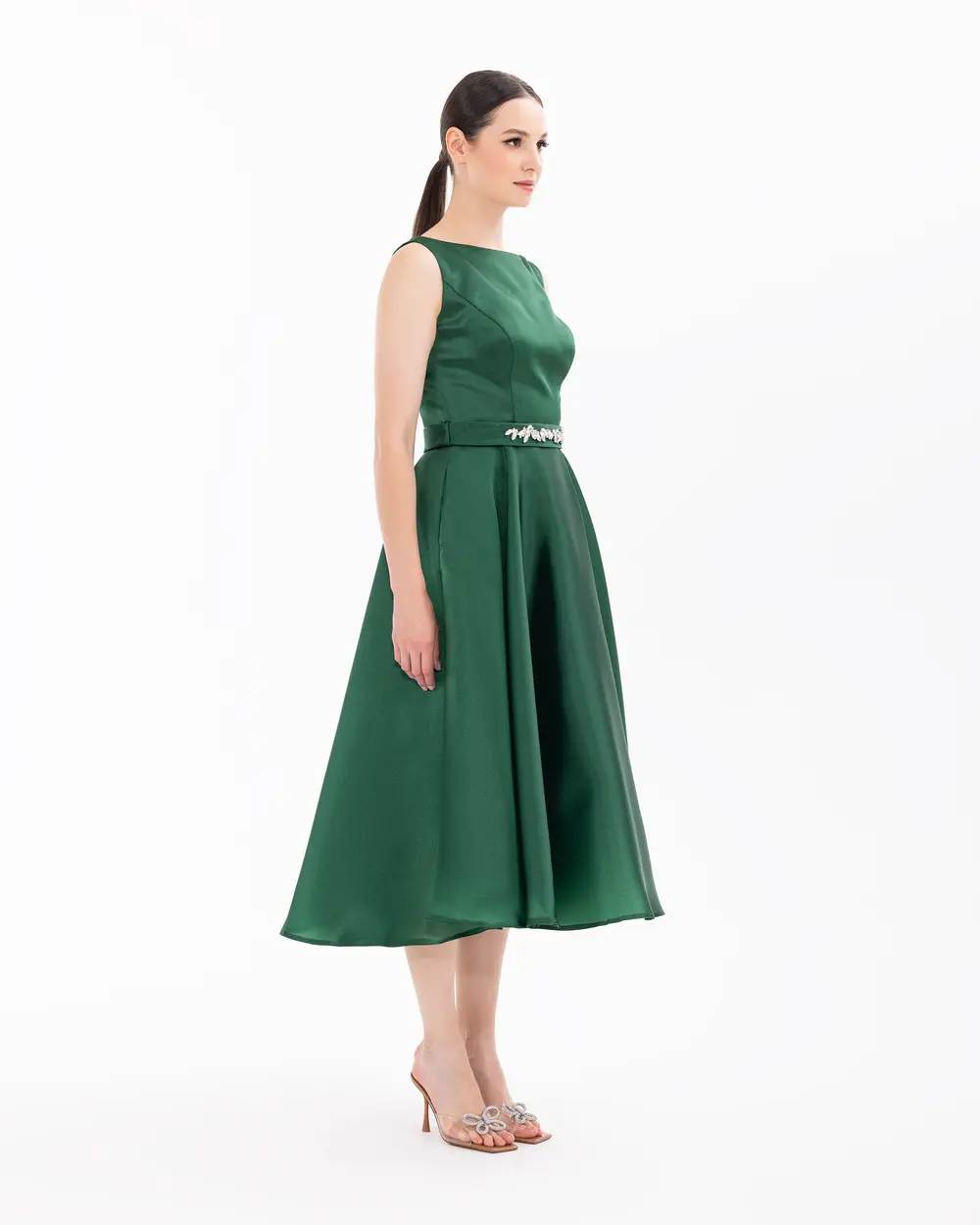 A-line Belted Satin Midi Length Evening Dresses